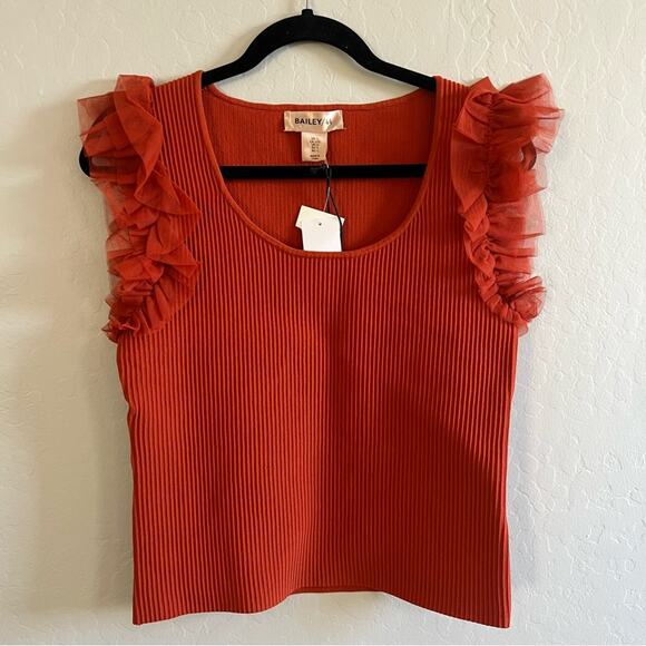 Bailey 44 Top Sleeveless Tulle L NWT Sleeves Ruffle Ribbed Stretch Knit Orange - Picture 4 of 8